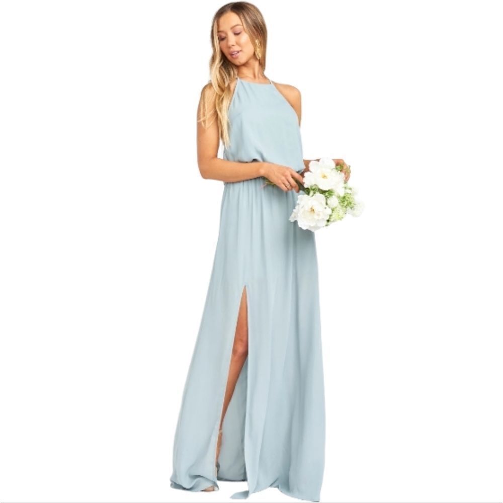 Show Me Your Mumu Bridesmaid Heather Halter Dress in Silver Sage Crisp Medium
